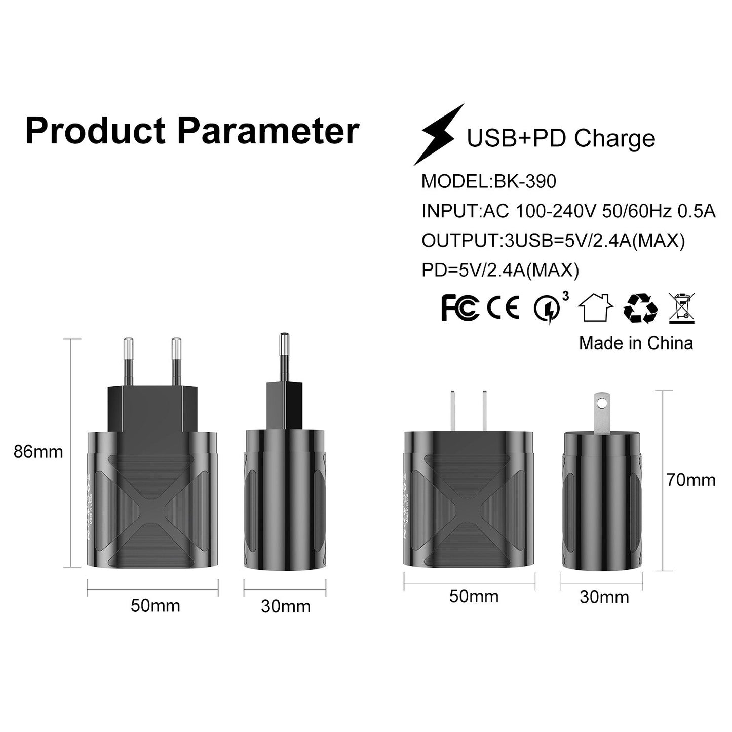 Chargeur 3 USB + PD de telephone portable